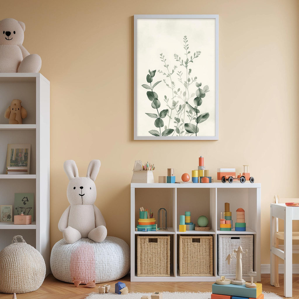 A cozy and colorful children's playroom with a white bookshelf, a plush rabbit, and a toy train set. The room has a warm, inviting atmosphere with a framed plant print on the wall and various toys and storage bins scattered throughout the space.