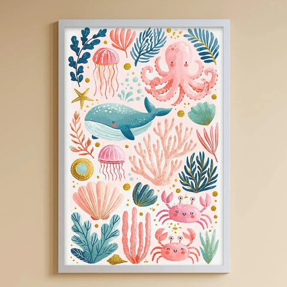 A child's bedroom with a white bookshelf, a stuffed rabbit, and a colorful wall art depicting marine life.