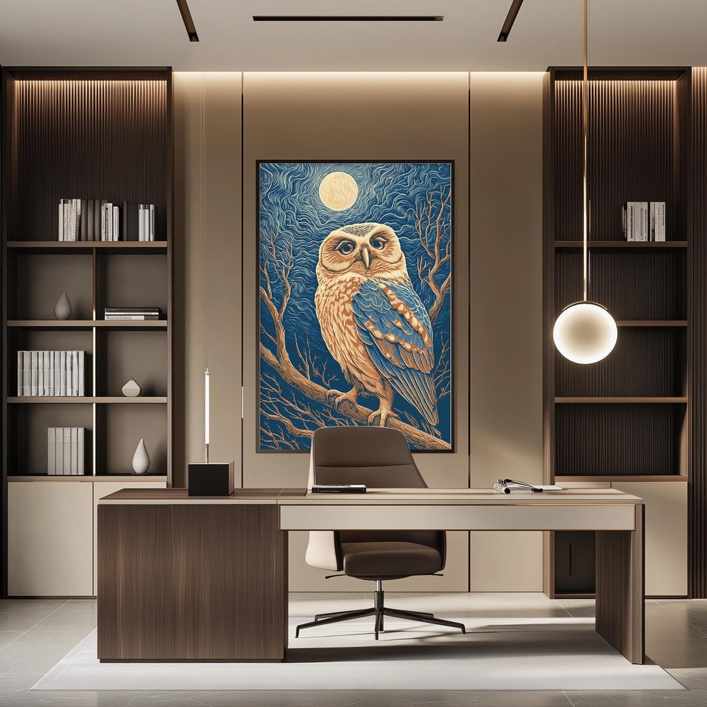 a modern office space with a large painting of an owl on the wall, a wooden desk, and a chair.