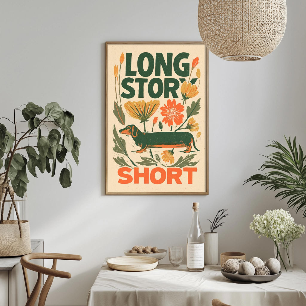 a framed poster with a dachshund dog and flowers on a wall, surrounded by potted plants and a dining table with various items on it.
