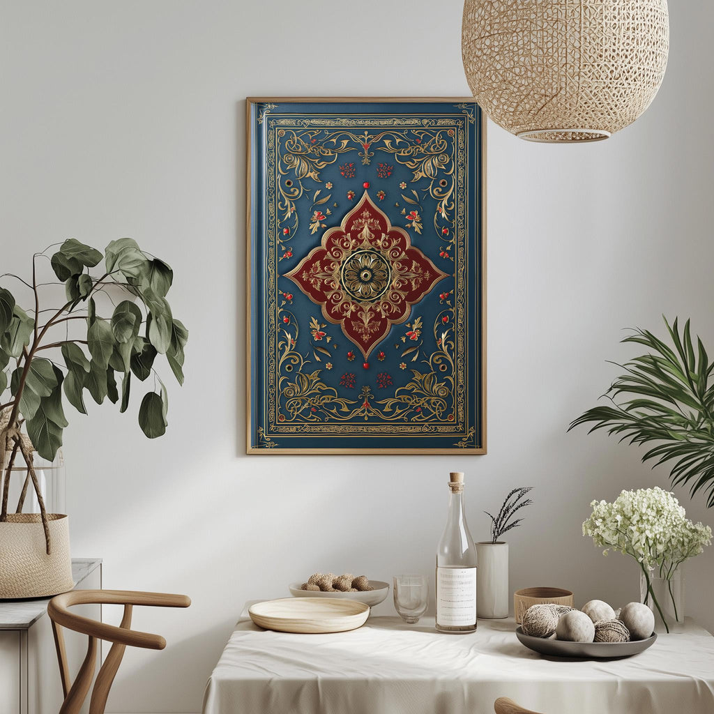 a dining room with a table set for a meal, a potted plant, a hanging light fixture, and a framed artwork on the wall.