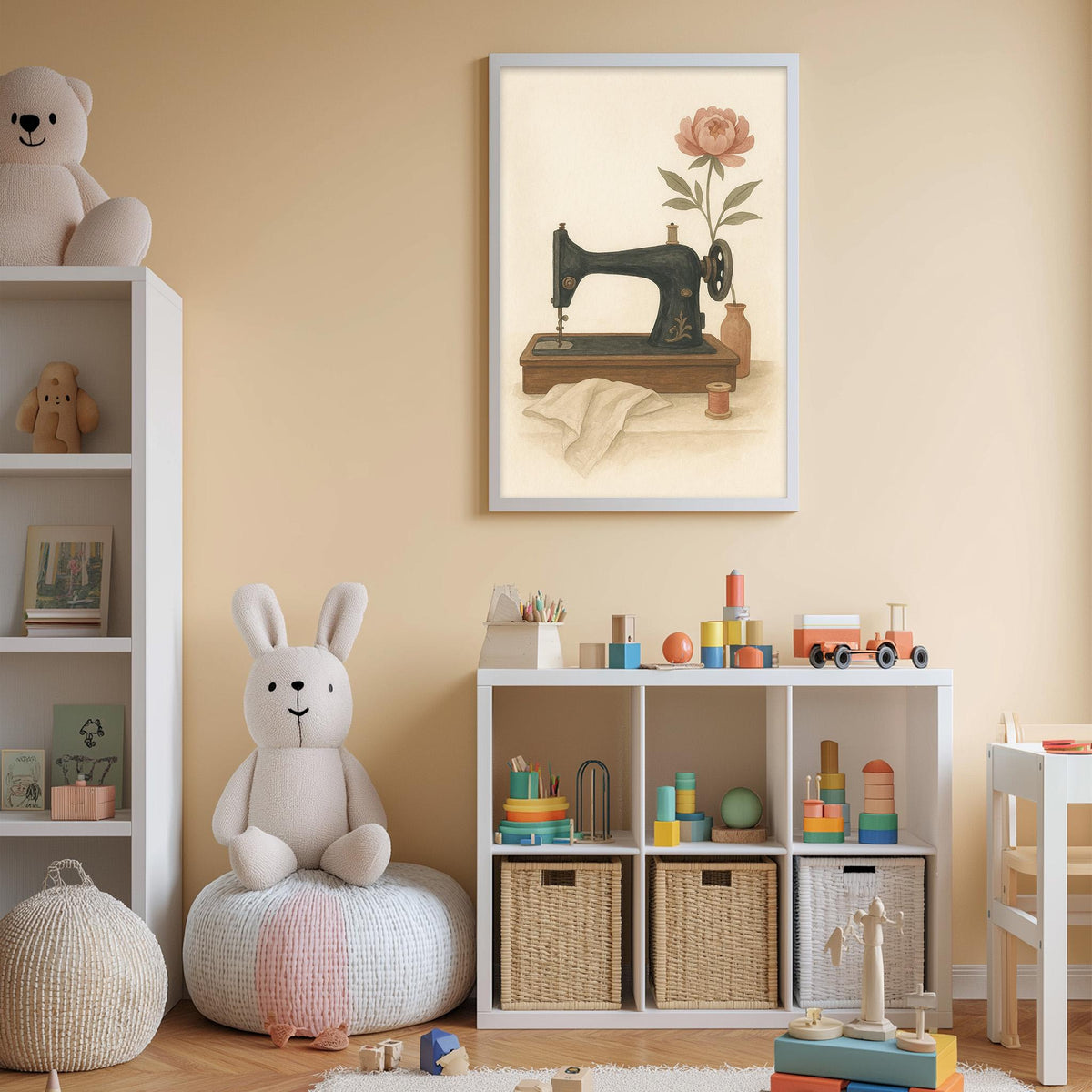 Vintage Sewing Machine Wall Art with Rose — Retro Sewing Room Print