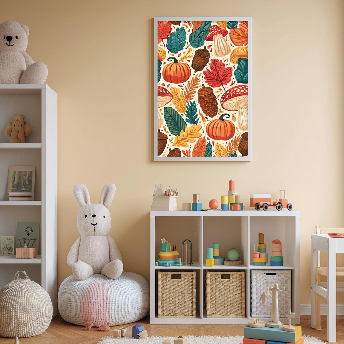 A cozy and colorful children's bedroom with a white bookshelf, a plush rabbit, and a toy train set. The walls are painted a light peach color, and the room is decorated with a vibrant autumn-themed poster featuring various fall elements such as pumpkins, leaves, and mushrooms.