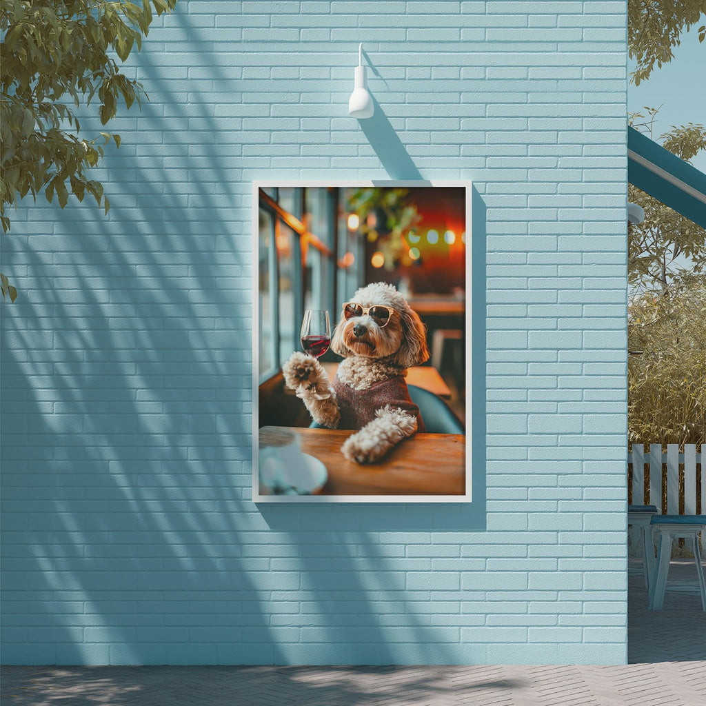 A dog wearing sunglasses is sitting on a wooden table, holding a wine glass, in a cozy outdoor setting with a brick wall and a tree in the background.