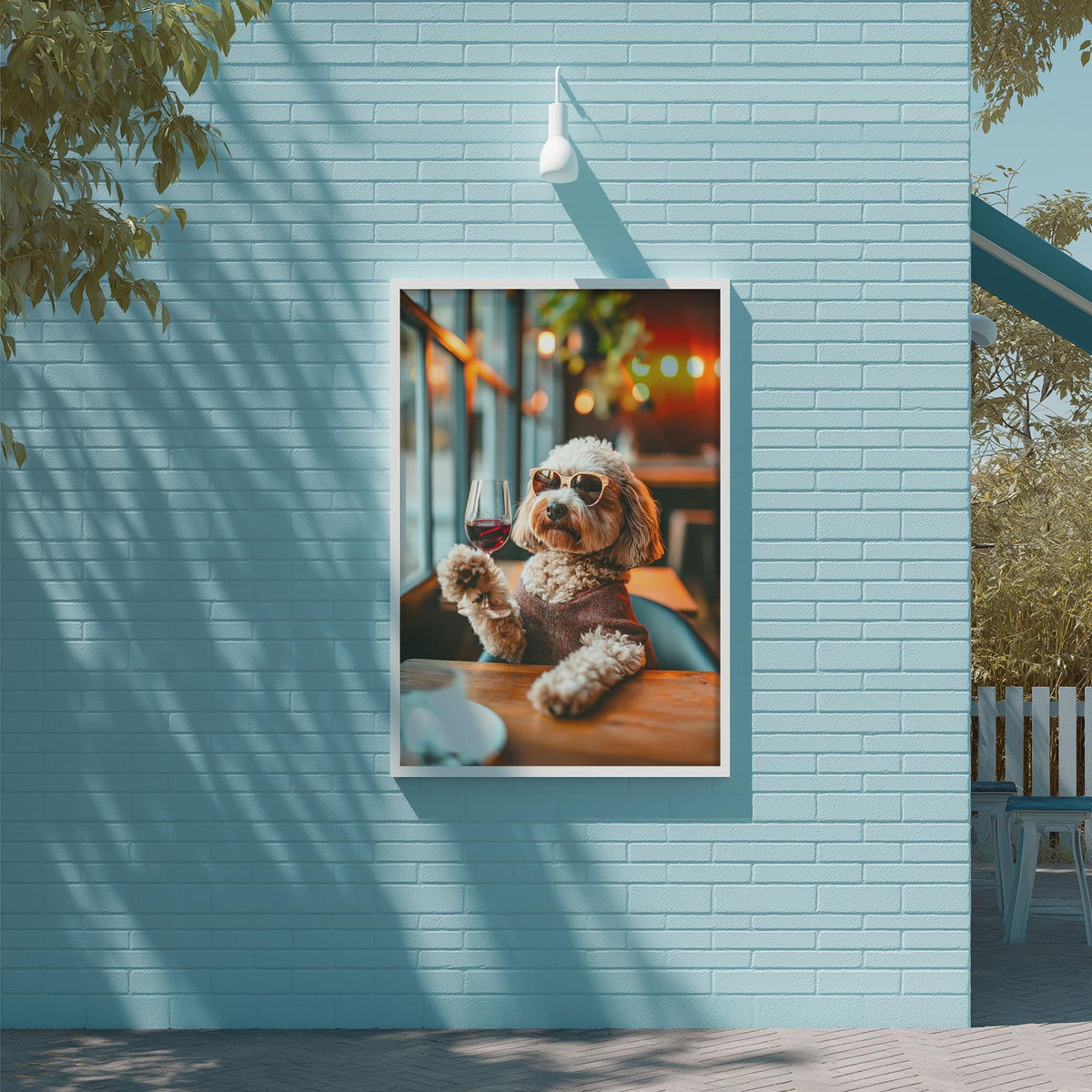 A dog wearing sunglasses is sitting on a wooden table, holding a wine glass, in a cozy outdoor setting with a brick wall and a tree in the background.