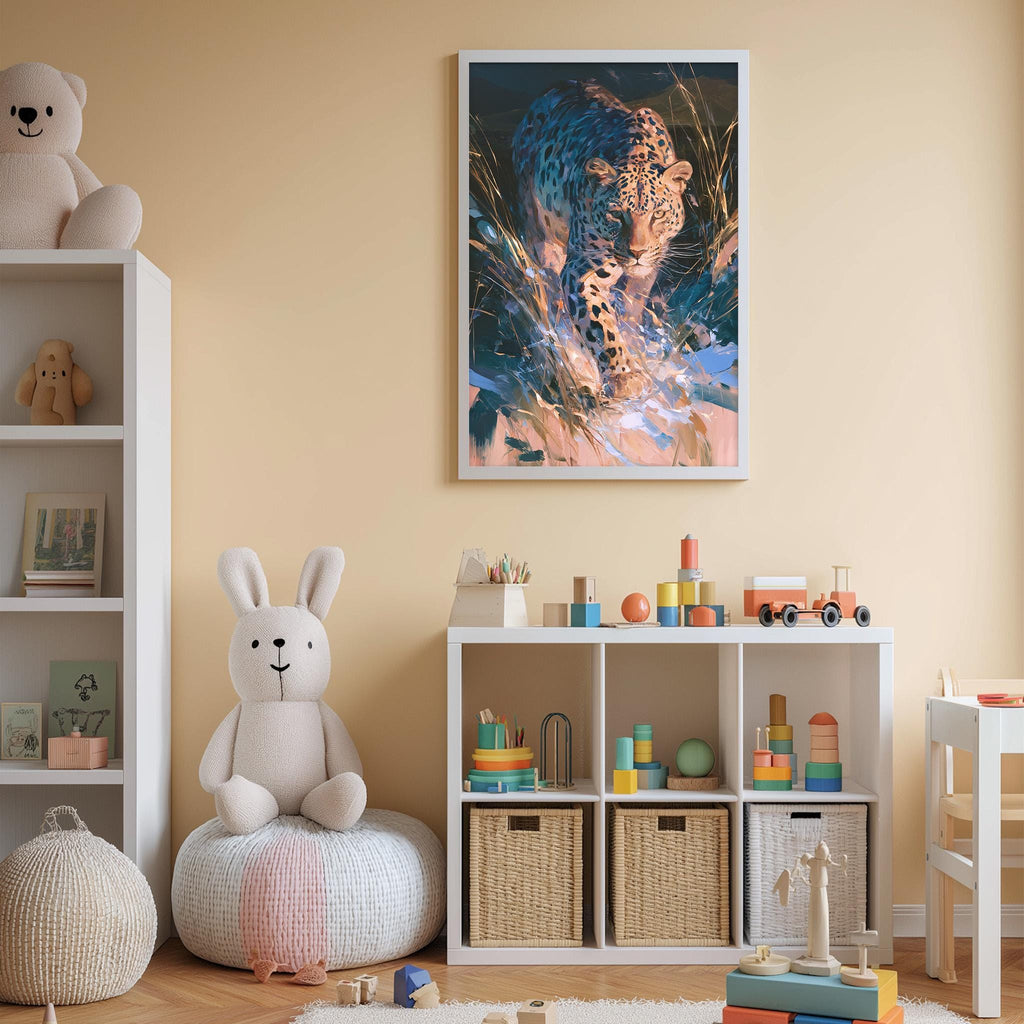 A cozy children's room with a large stuffed rabbit, a bookshelf, and a toy chest filled with various toys. A framed painting of a leopard is displayed on the wall above the toy chest.