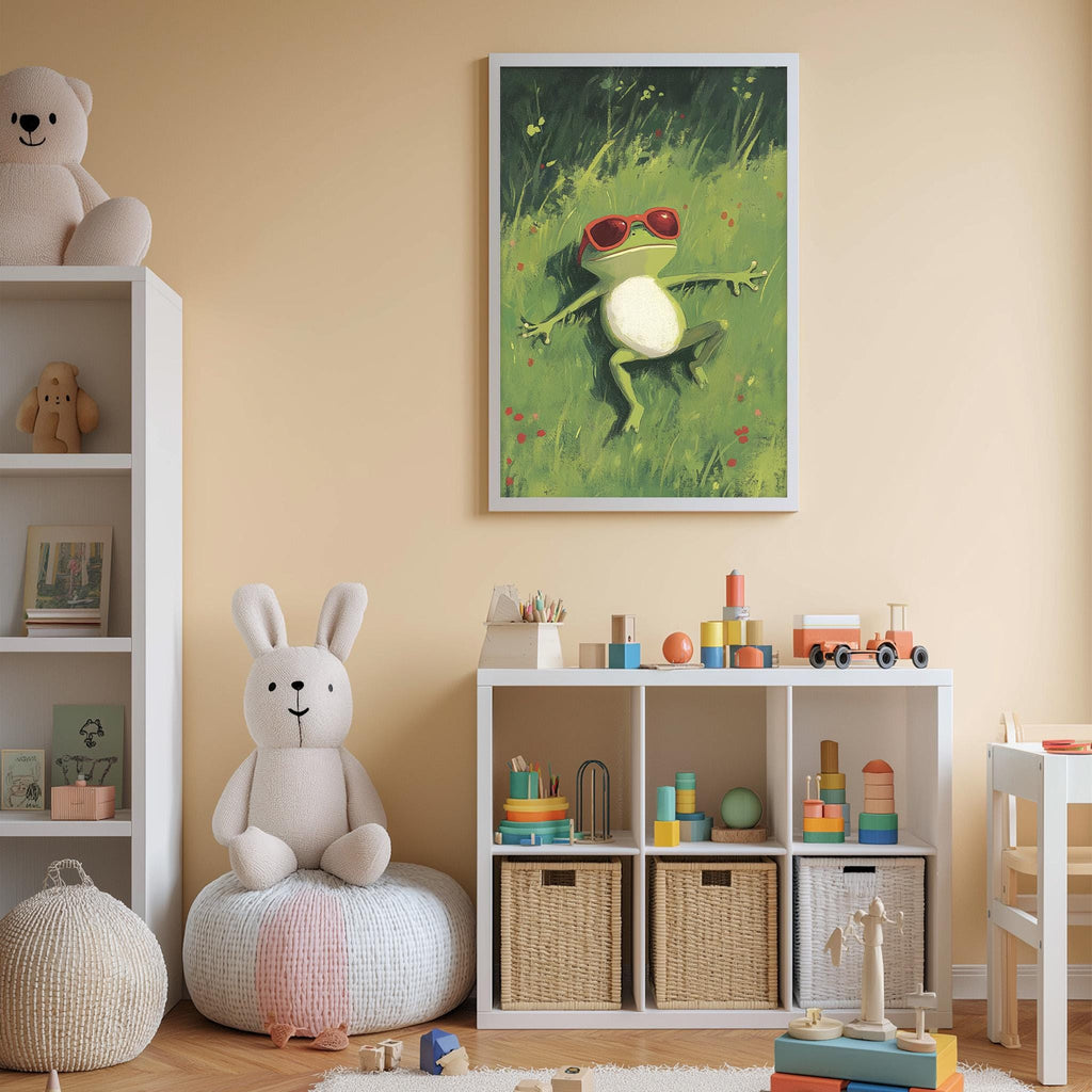 A cozy children's room with a white bookshelf, a plush rabbit, and a framed painting of a frog in a grassy field.
