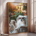 A dog wearing sunglasses is sitting in a wicker chair, holding a coffee cup, with a framed photo of the dog in the background.