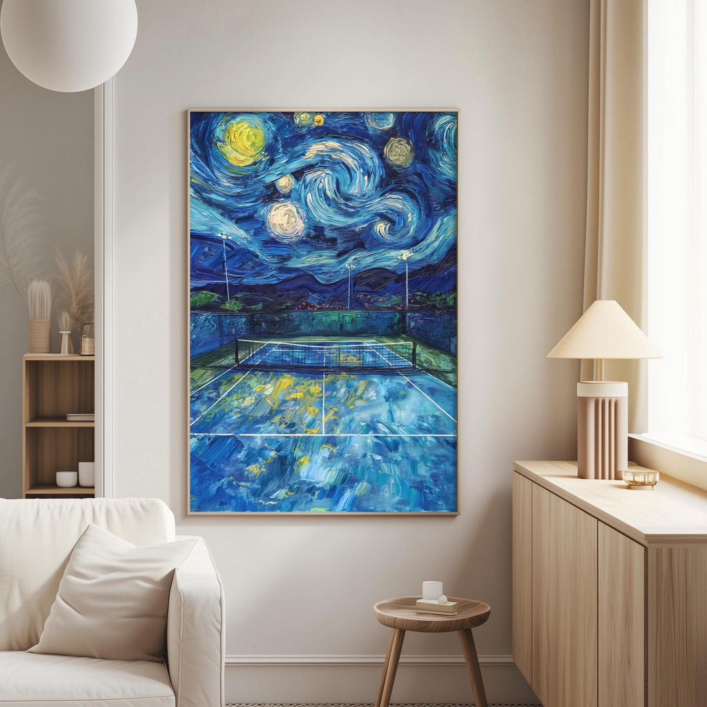 a large, vibrant painting of a tennis court with swirling blue and yellow stars in the night sky, hanging on a wall in a living room.