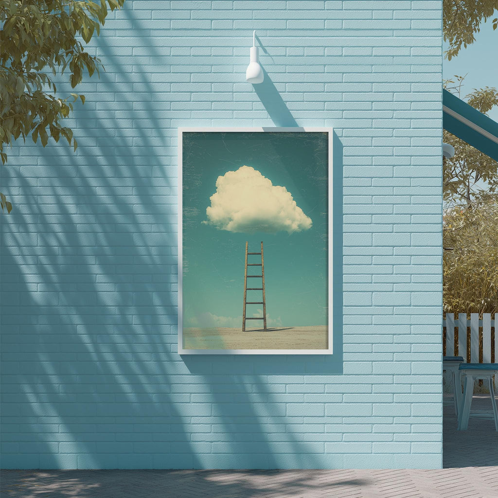 a blue brick wall with a framed picture of a ladder leading up to a cloud in the sky.