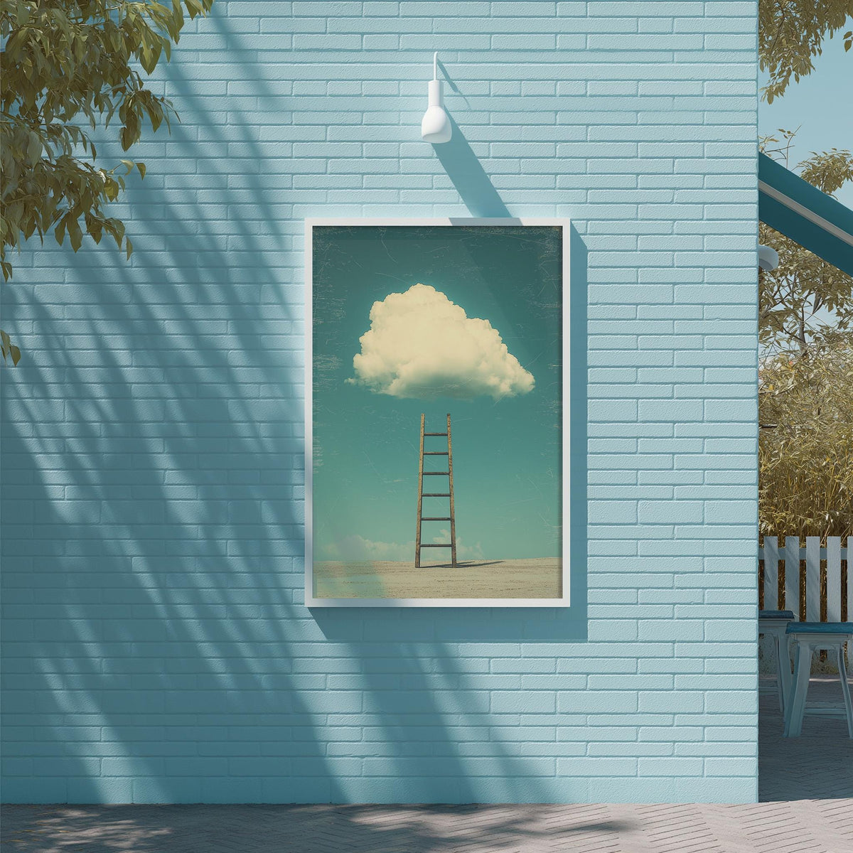 a blue brick wall with a framed picture of a ladder leading up to a cloud in the sky.