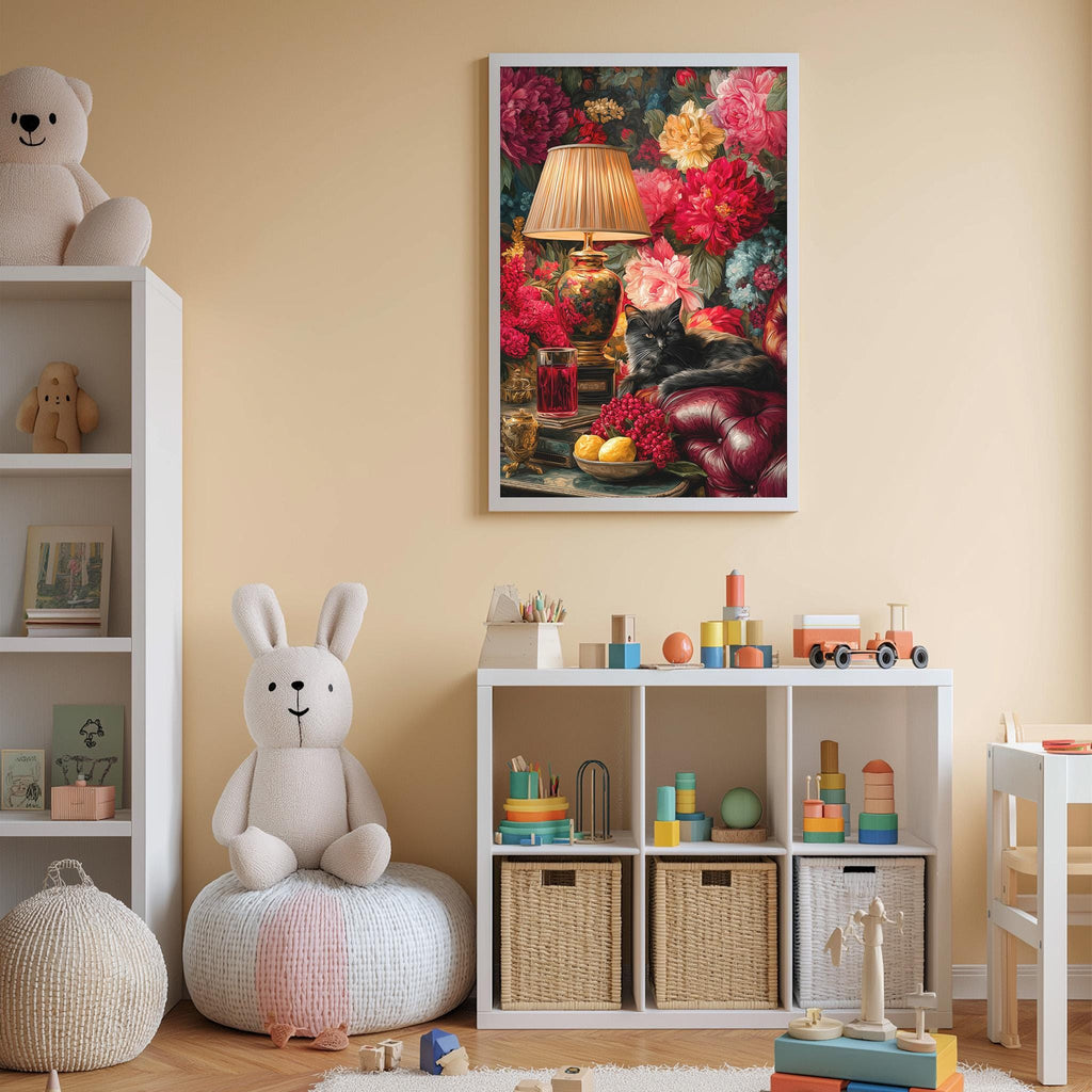 A cozy children's room with a large floral painting on the wall, a white bookshelf filled with toys, and a plush rabbit sitting on a bean bag chair.