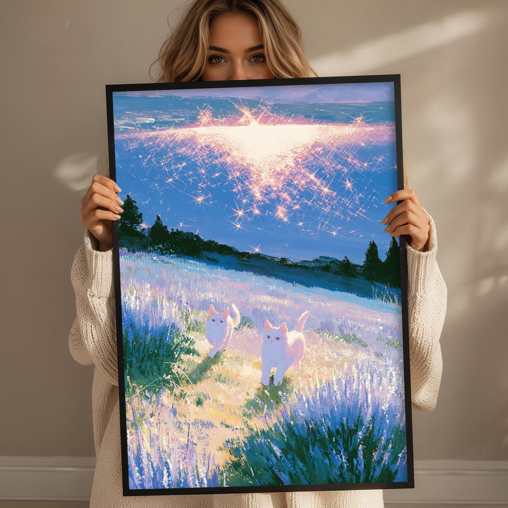 A woman holds up a framed painting depicting two cats in a field with a starry sky in the background.