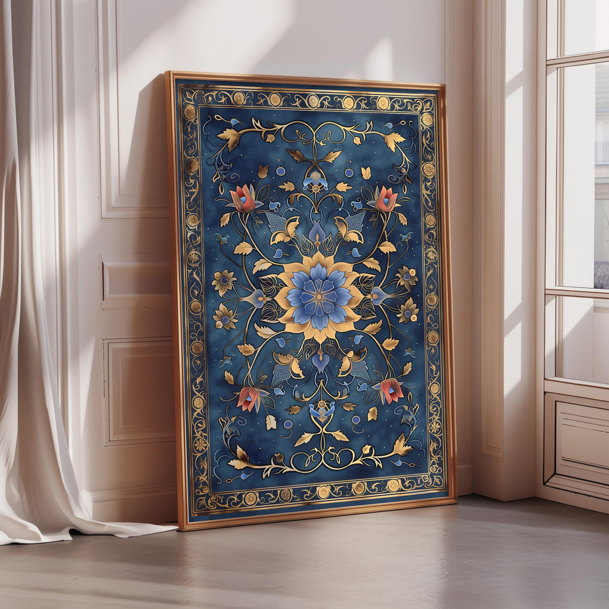 A large, ornate, and intricately designed blue and gold tapestry or rug is displayed on a wooden floor in a room with a window.