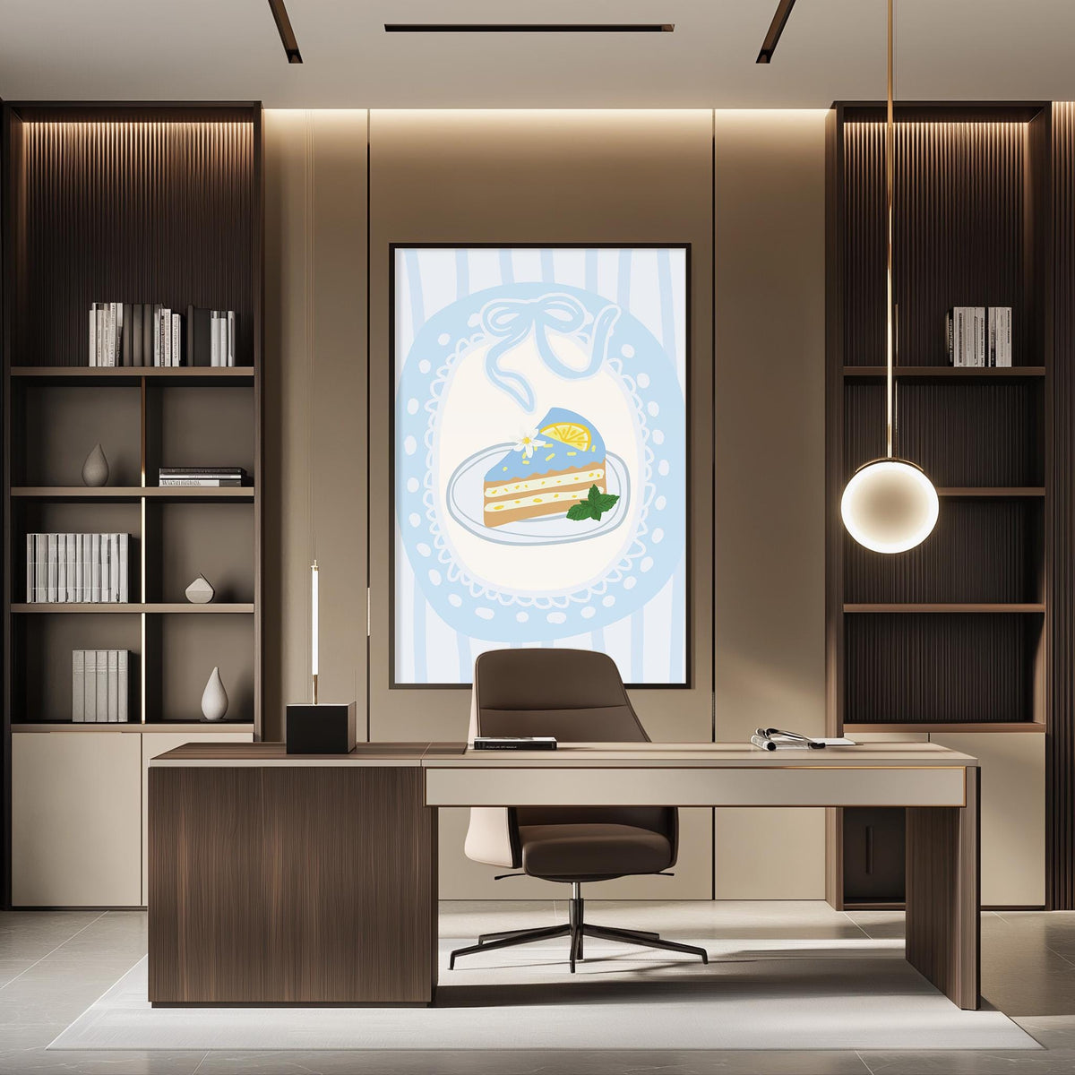 a modern office space with a large framed picture of a slice of cake on the wall, a wooden desk with a chair, and built-in bookshelves.