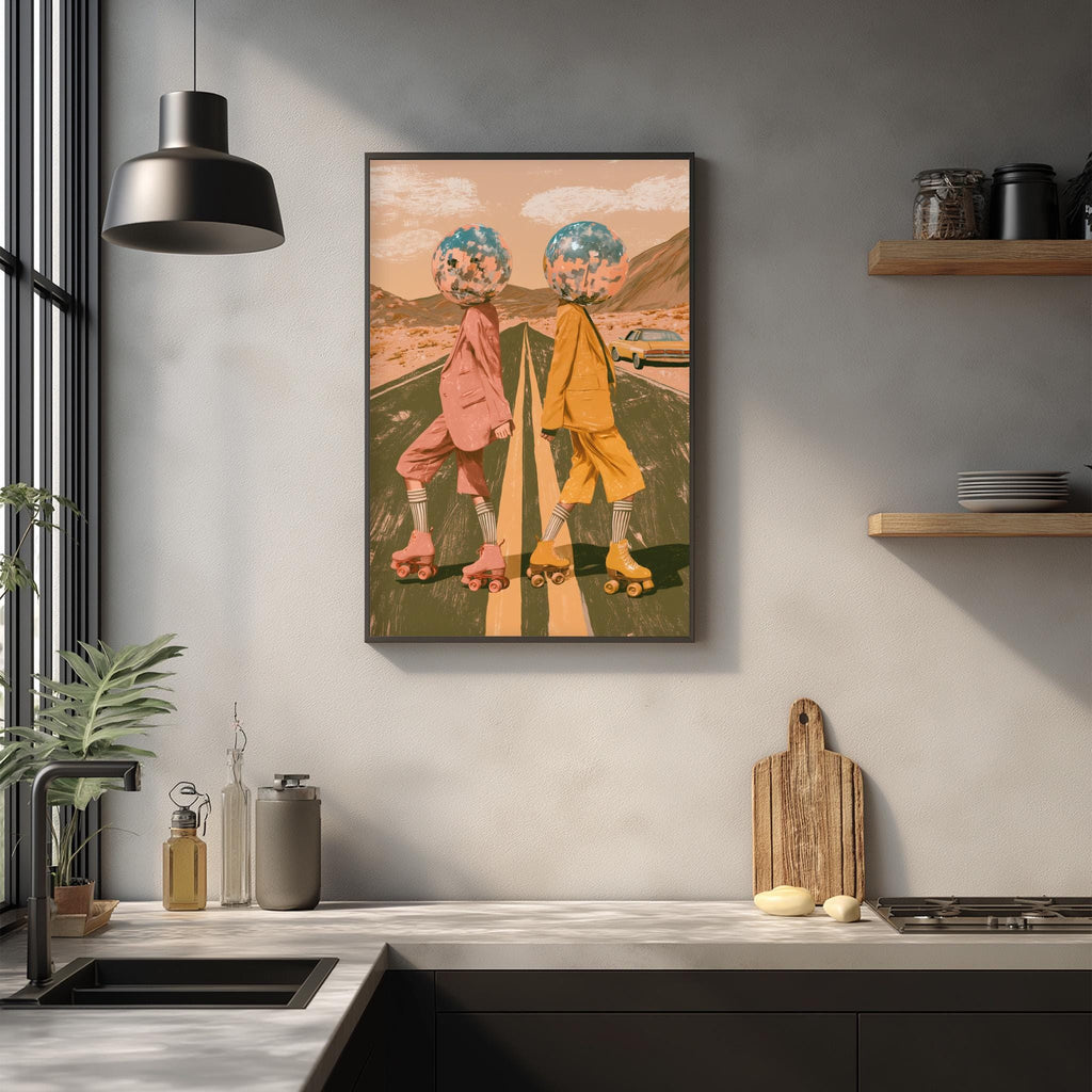 a framed artwork depicting two people on rollerblades, with one person wearing a pink outfit and the other wearing a yellow outfit, set against a colorful background.