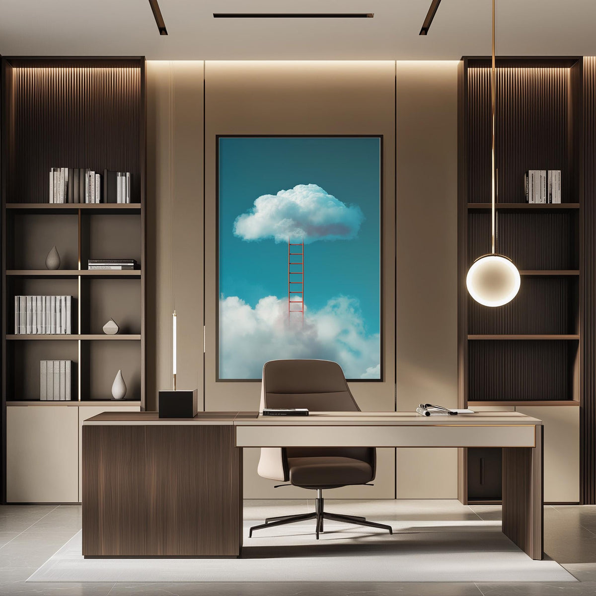 a modern office space with a large framed artwork of a cloud with a ladder hanging on the wall, creating a whimsical and imaginative atmosphere.