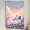 a large painting of an astronaut lying in a field of flowers, with a night sky in the background.