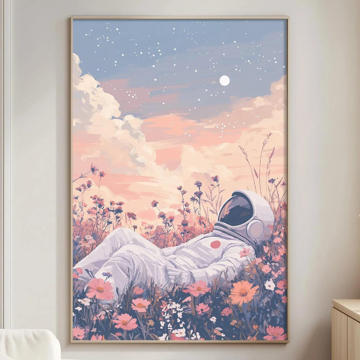 a large painting of an astronaut lying in a field of flowers, with a night sky in the background.