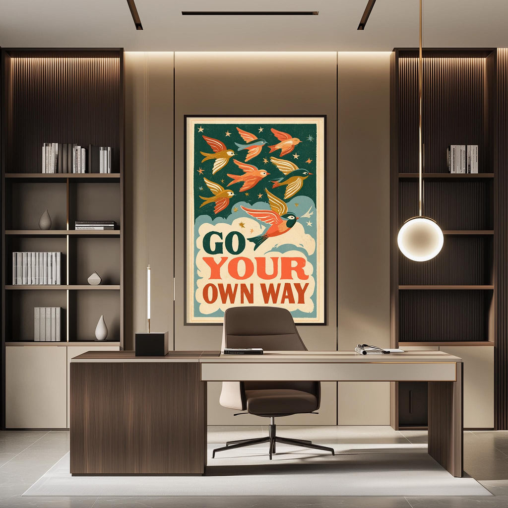 a modern office space with a large framed poster on the wall that says "GO YOUR OWN WAY". The office has a wooden desk, a chair, and a bookshelf filled with books. The overall design and decor create a professional and stylish atmosphere.