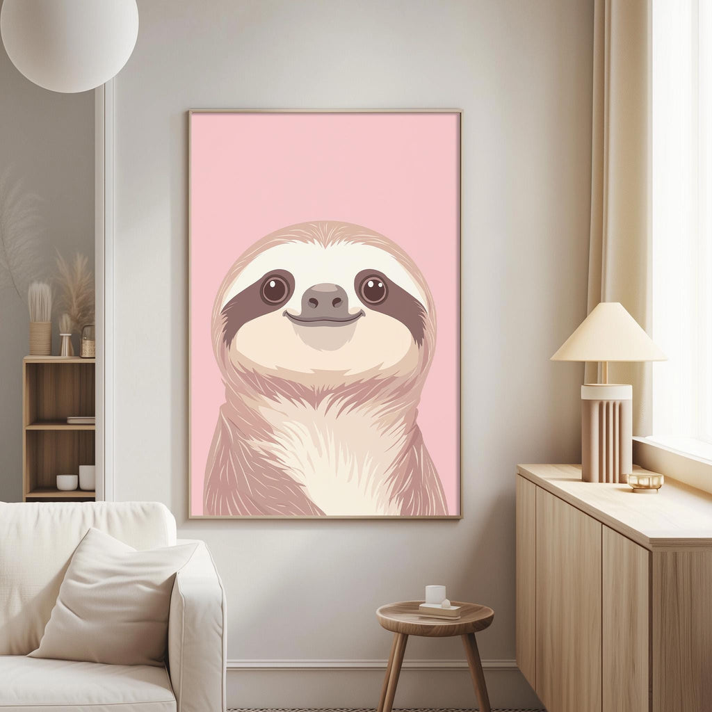 a cozy living room with a large, colorful poster of a sloth hanging on the wall. The poster is pink and depicts the sloth in a playful, cartoonish manner. The room also includes a white couch, a wooden side table, and a lamp, creating a comfortable and inviting atmosphere.