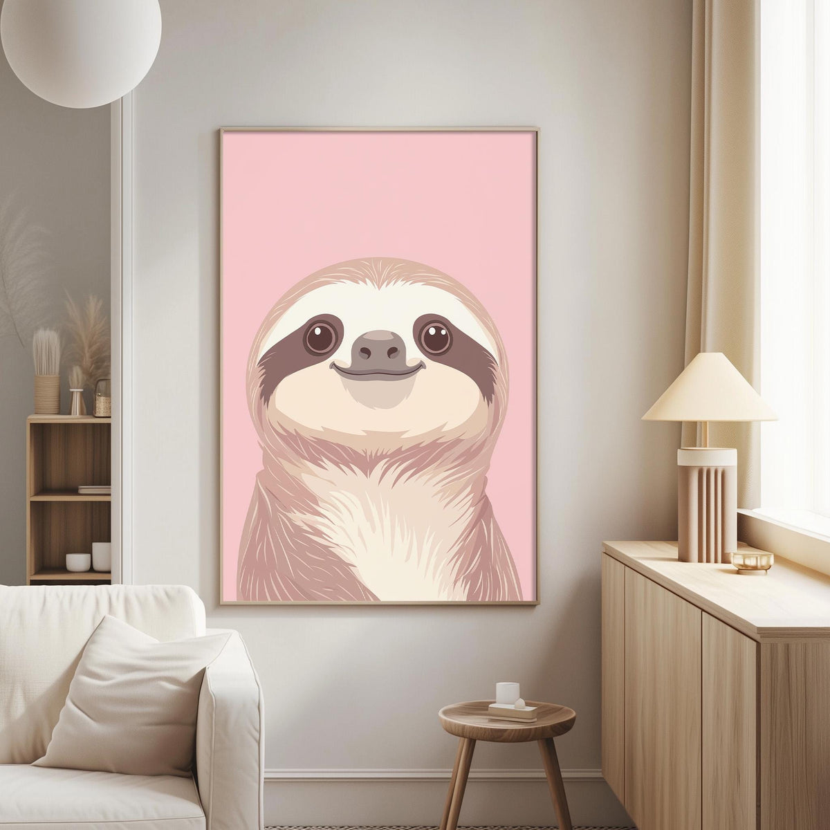 a cozy living room with a large, colorful poster of a sloth hanging on the wall. The poster is pink and depicts the sloth in a playful, cartoonish manner. The room also includes a white couch, a wooden side table, and a lamp, creating a comfortable and inviting atmosphere.