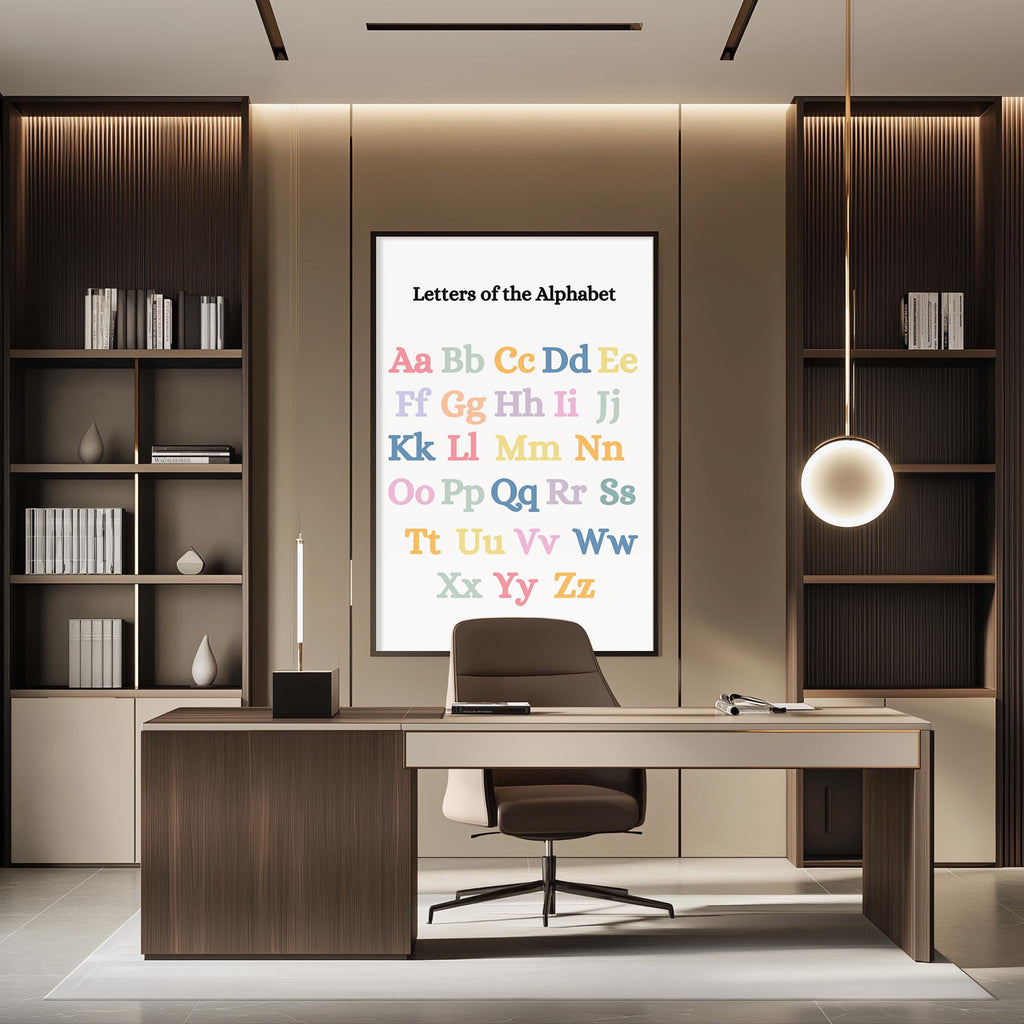 a modern office space with a large alphabet poster on the wall, a desk with a chair, and bookshelves.