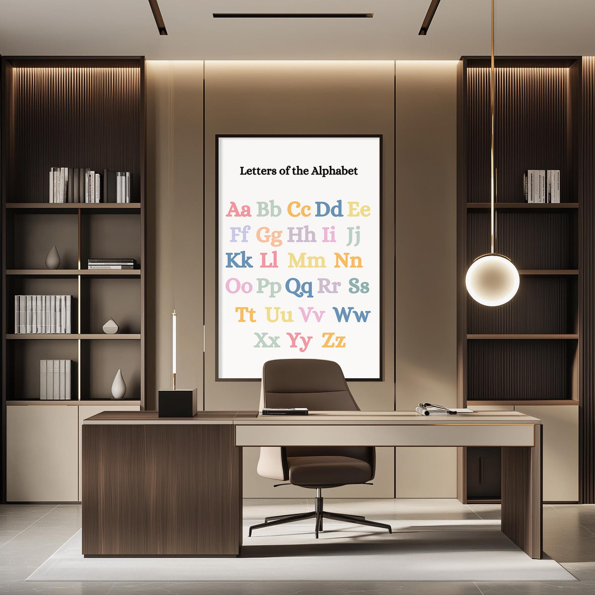 a modern office space with a large alphabet poster on the wall, a desk with a chair, and bookshelves.