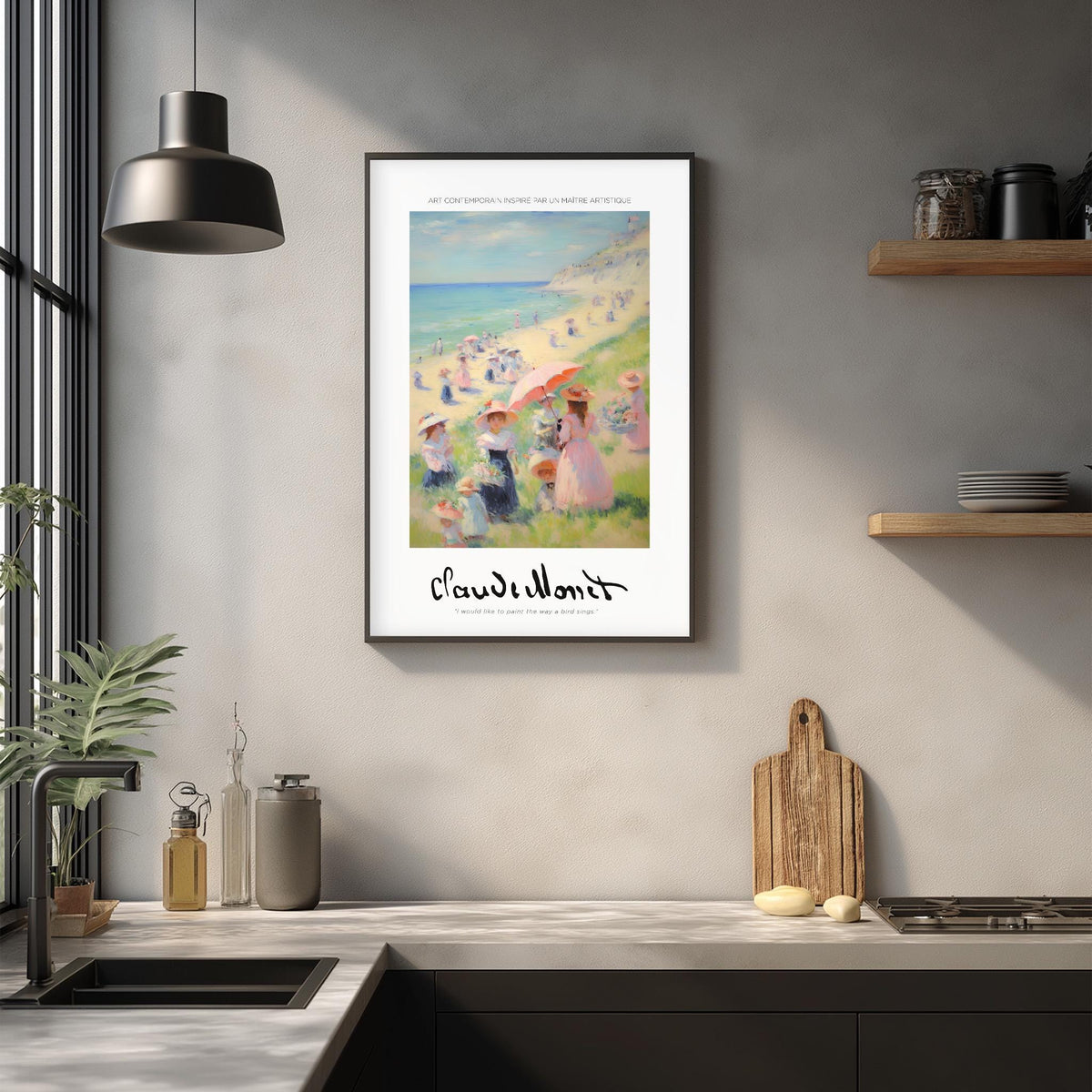 a framed painting of a beach scene with people enjoying the day, hanging on a wall above a kitchen counter with various kitchen items and decor.