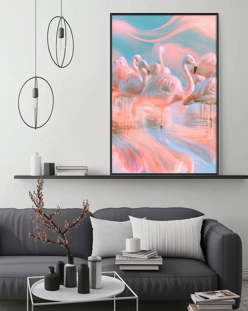 a large framed painting of a group of flamingos in a pink and blue water scene, hanging on a wall above a gray couch with a coffee table in front of it.
