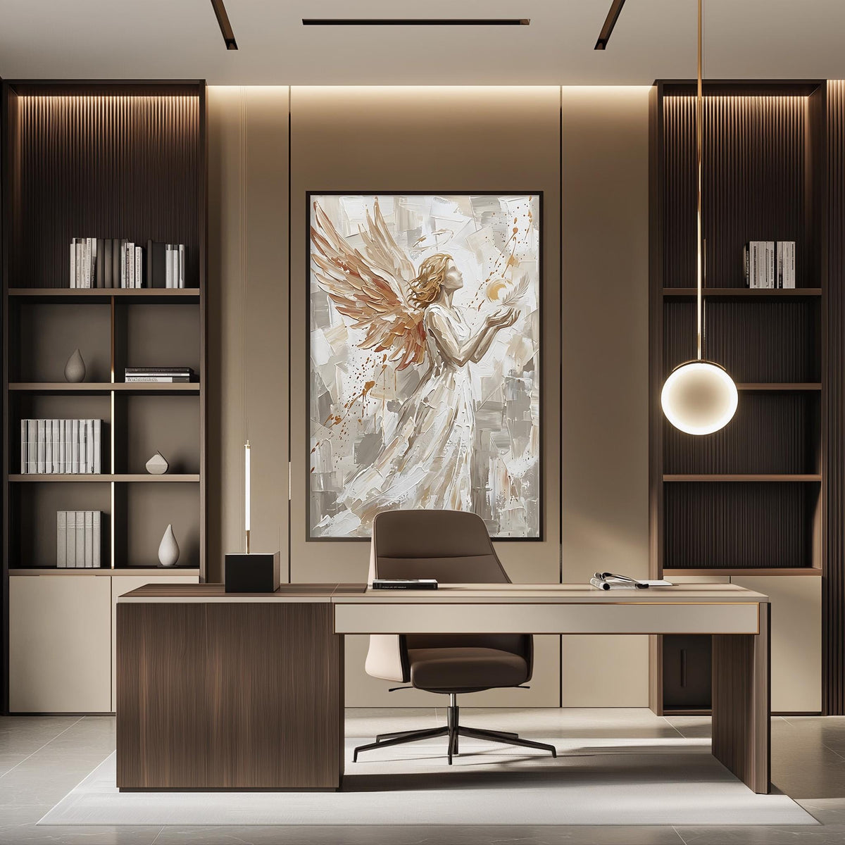 a modern and stylish office space with a large abstract painting of an angel on the wall, a wooden desk with a chair, and built-in bookshelves.