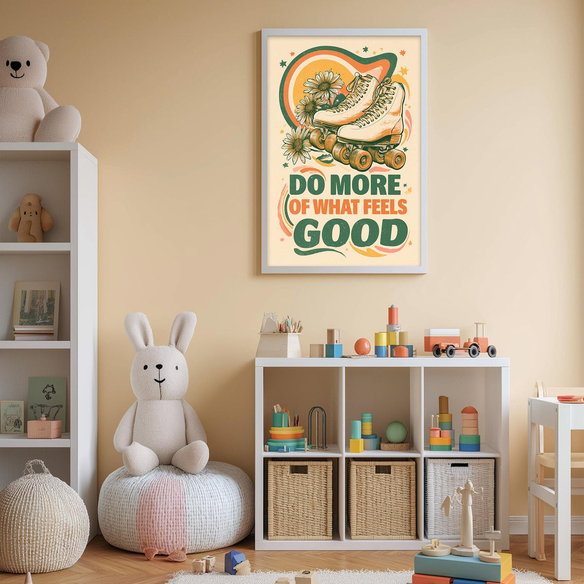 a child's bedroom with a white bookshelf, a stuffed rabbit, a toy train, and a poster with a roller coaster on the wall.