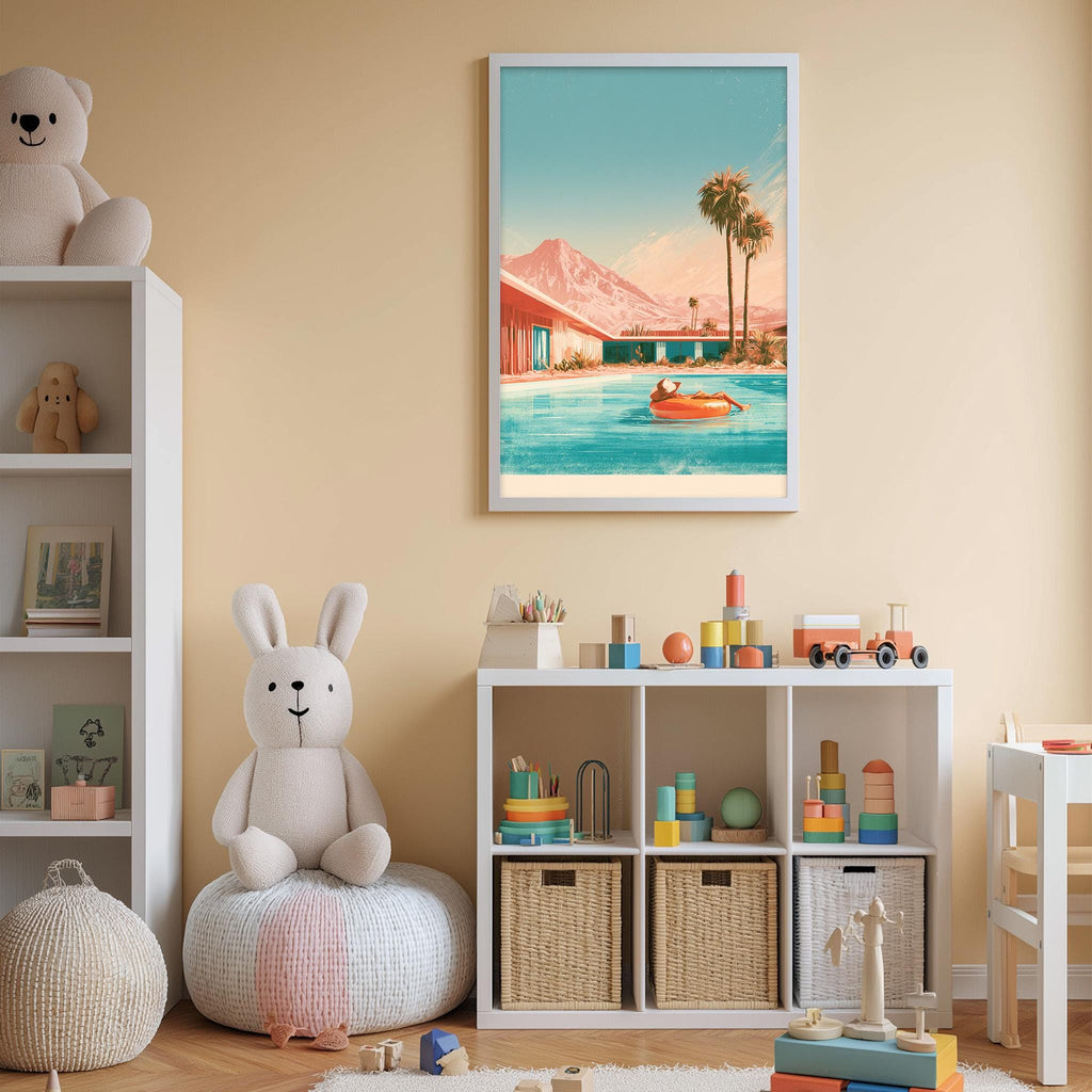 A child's bedroom with a large stuffed rabbit, a bookshelf, and a toy chest filled with toys. A framed picture of a beach scene is hanging on the wall above the toy chest.
