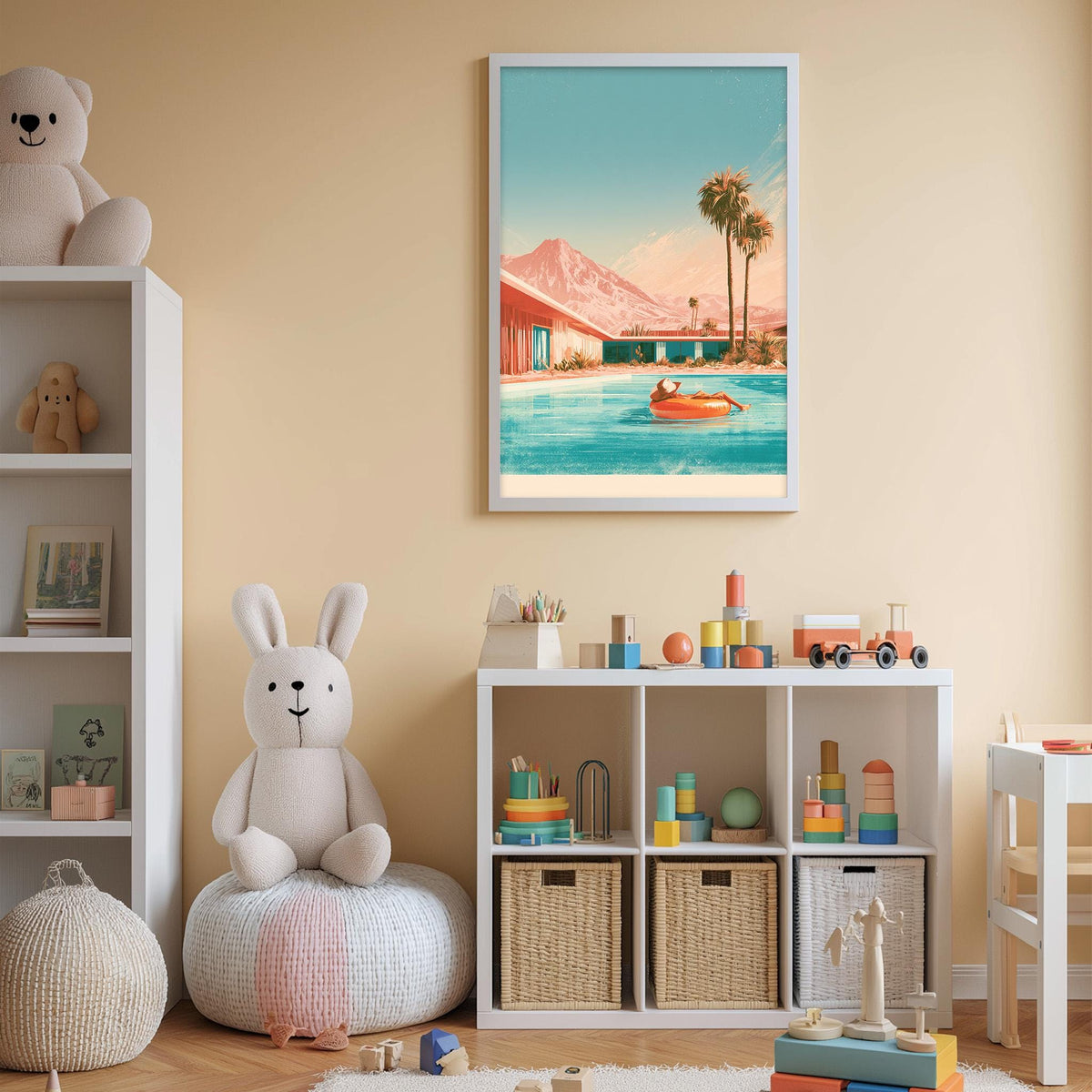 A child's bedroom with a large stuffed rabbit, a bookshelf, and a toy chest filled with toys. A framed picture of a beach scene is hanging on the wall above the toy chest.