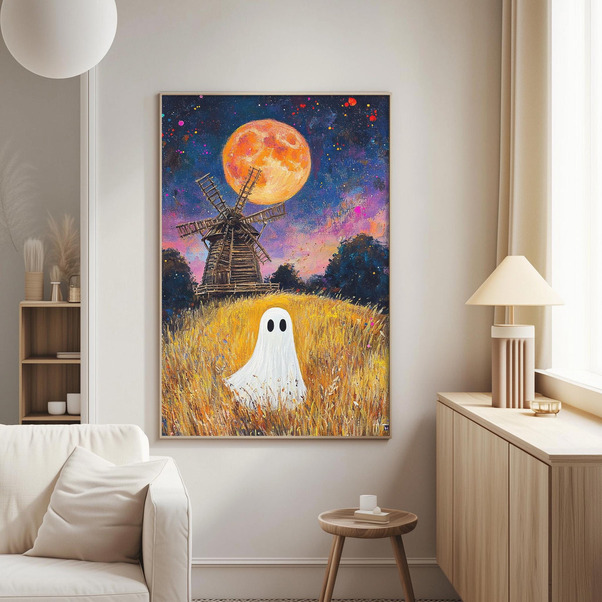 a large painting of a ghost standing in a field with a windmill in the background, set against a night sky with a large orange moon.