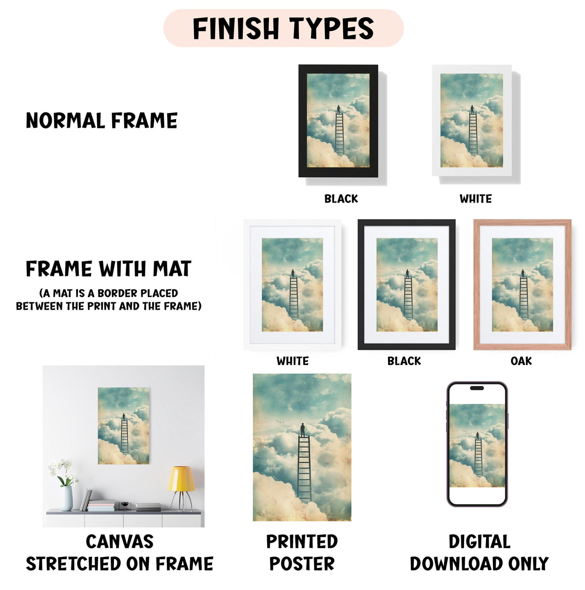 various types of artwork, including a canvas stretched on a frame, a framed poster, and a digital poster. The artwork features a ladder on a cloudy sky background, and the image is labeled with "NORMAL FRAME", "FRAME WITH MAT (A MAT IS A BORDER PLACED BETWEEN THE PRINT AND THE FRAME)", "WHITE", "BLACK", "OAK", "CANVAS", "PRINTED POSTER", and "DIGITAL DOWNLOAD ONLY".