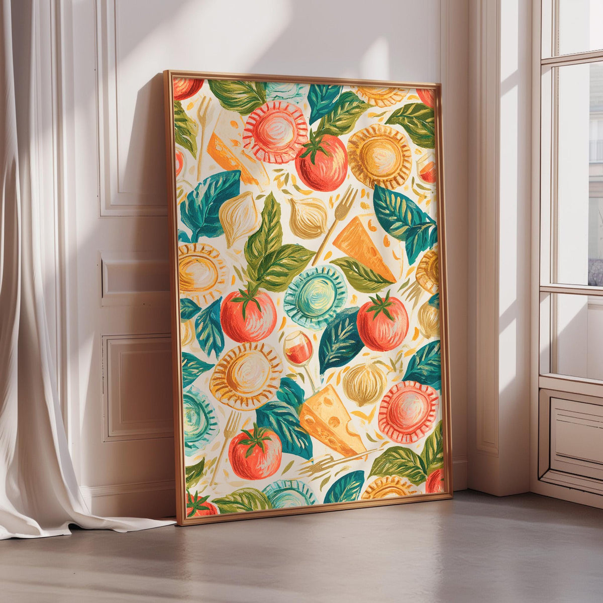 a vibrant and colorful painting of various fruits and vegetables, including tomatoes, leaves, and other produce, displayed on a wall.