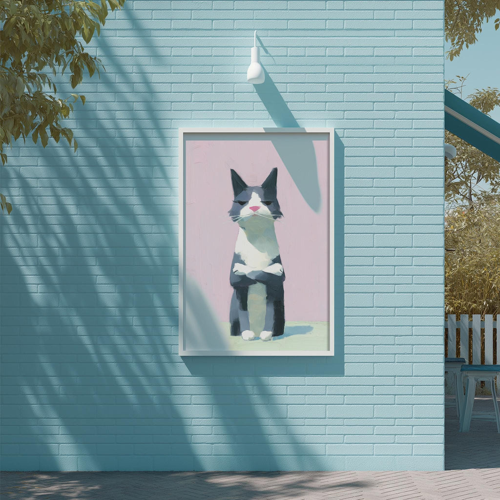 A framed illustration of a cat is displayed on a light blue brick wall, with a white light fixture hanging above it.