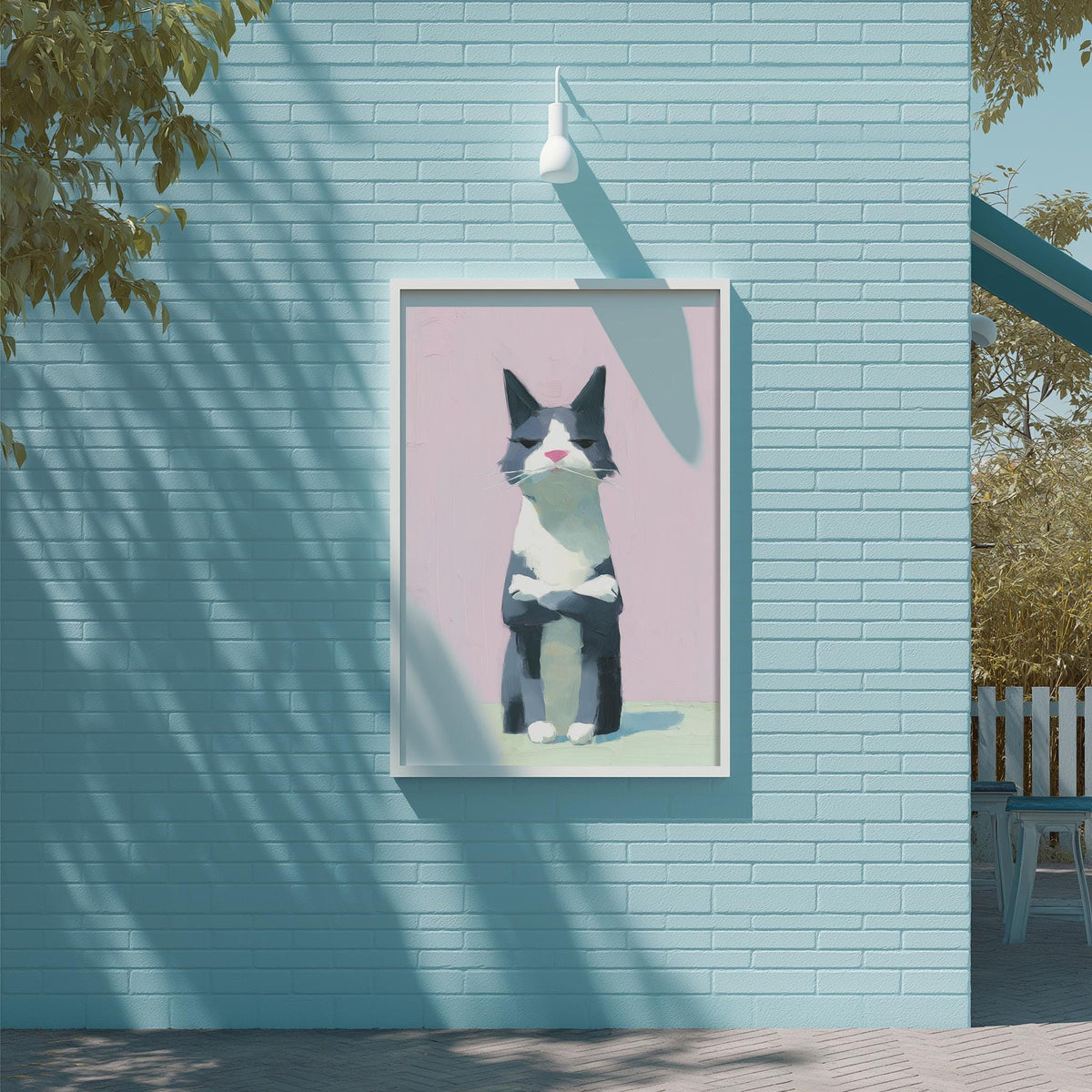 A framed illustration of a cat is displayed on a light blue brick wall, with a white light fixture hanging above it.