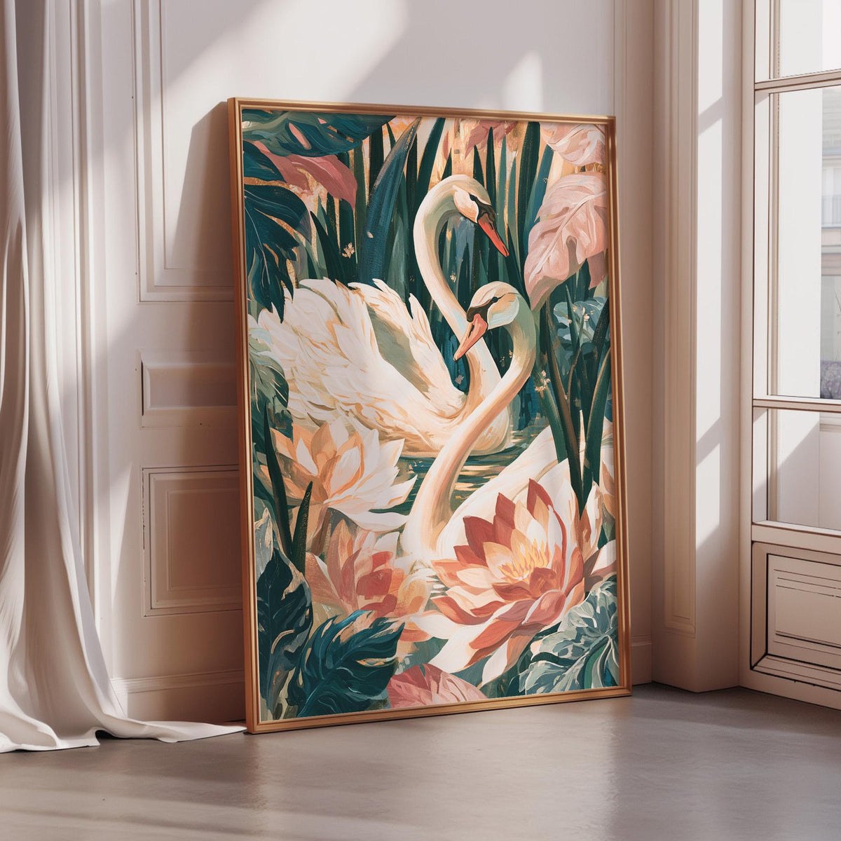 A large framed painting depicting two swans surrounded by a lush, tropical garden scene with various flowers and foliage.