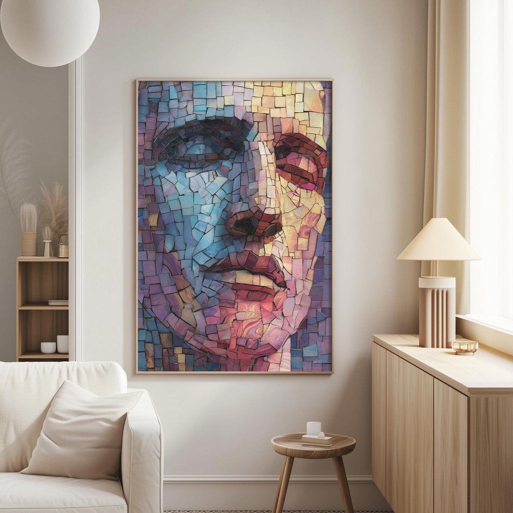 a large, colorful mosaic portrait of a man's face hanging on a wall in a living room.