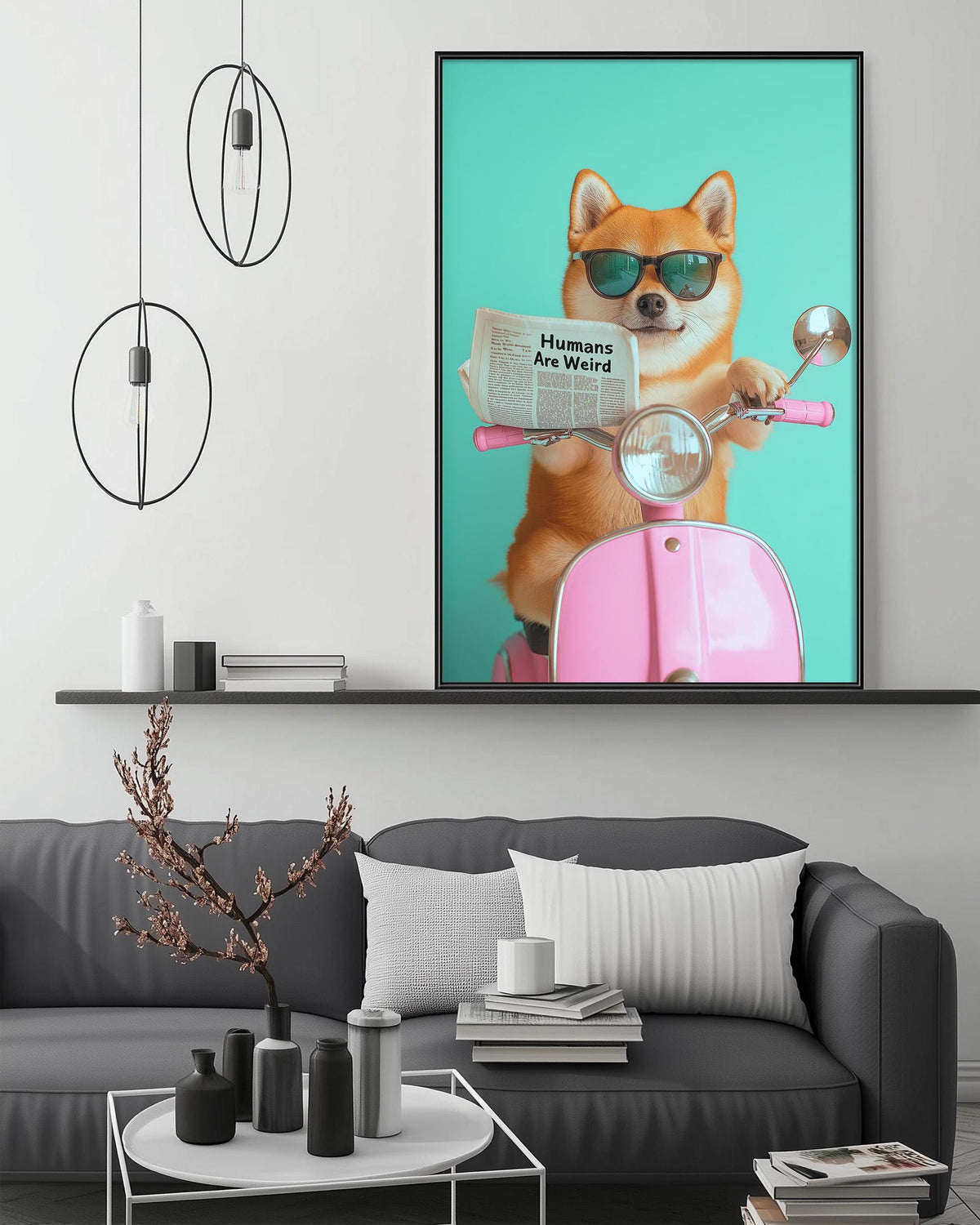 a dog wearing sunglasses and holding a newspaper, sitting on a pink scooter.