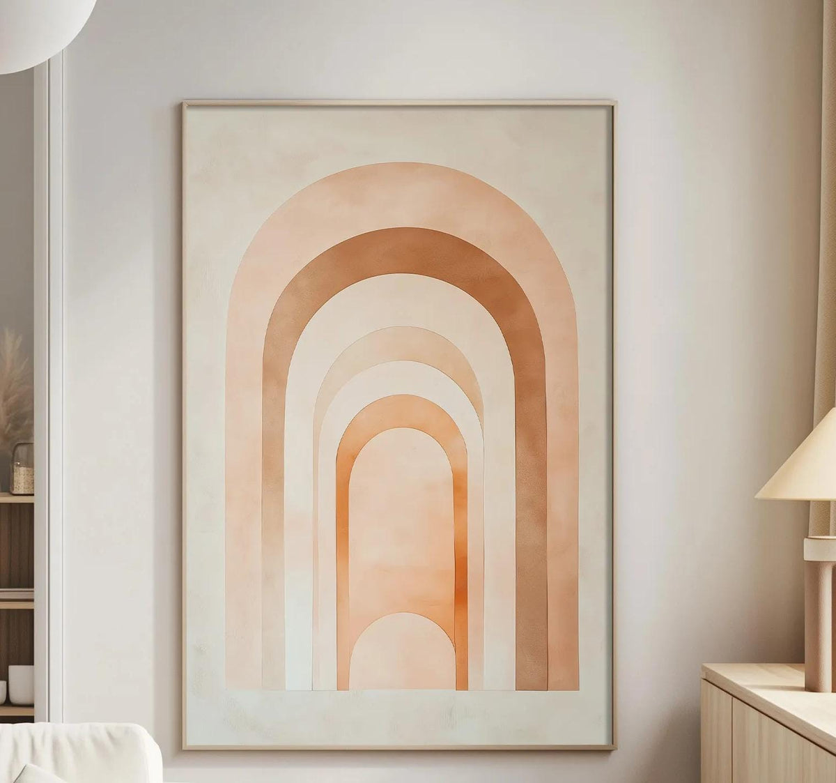 a modern living room with a large abstract painting featuring a rainbow-like design on the wall. The room is furnished with a white sofa, a wooden side table, and a lamp on a wooden cabinet.