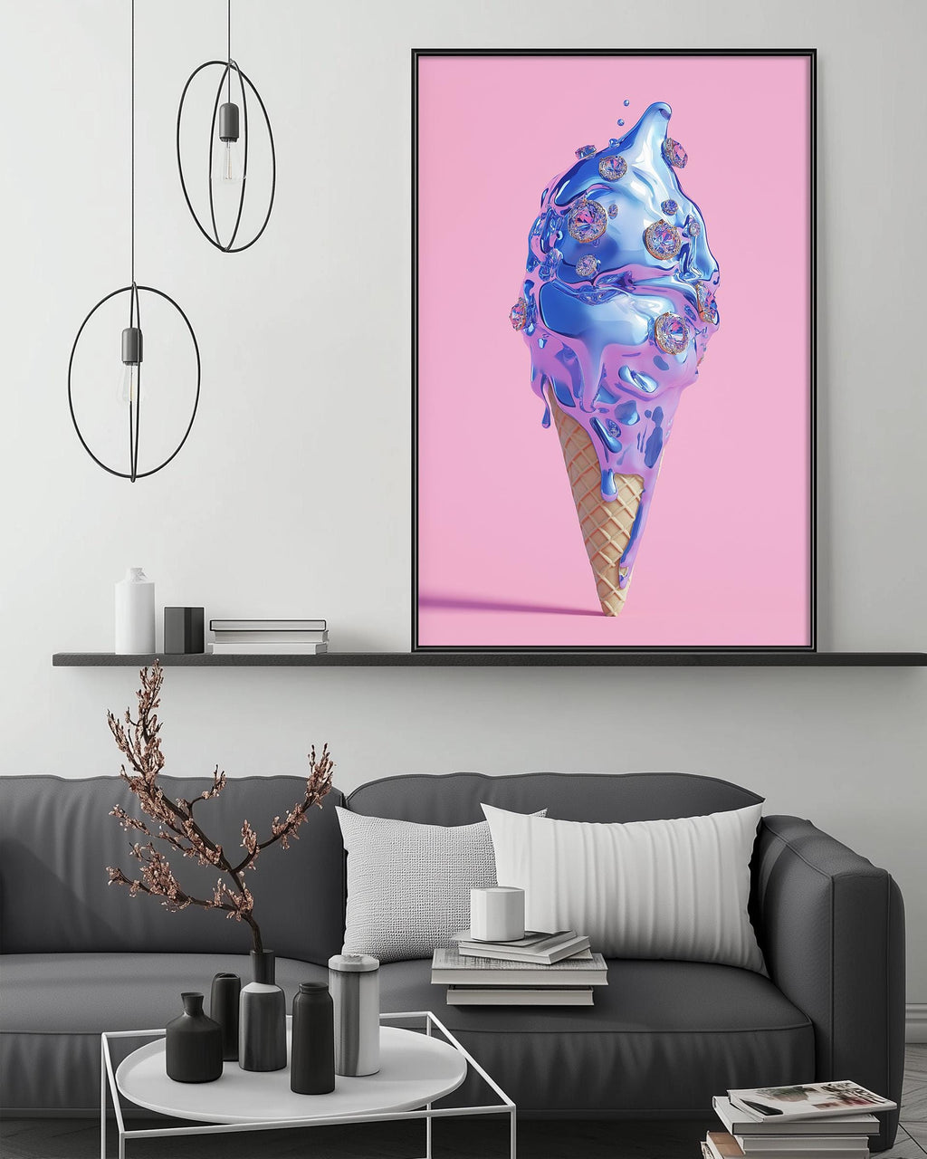 a large, colorful painting of an ice cream cone with a scoop of ice cream and various toppings, hanging on a wall above a gray couch in a living room setting.
