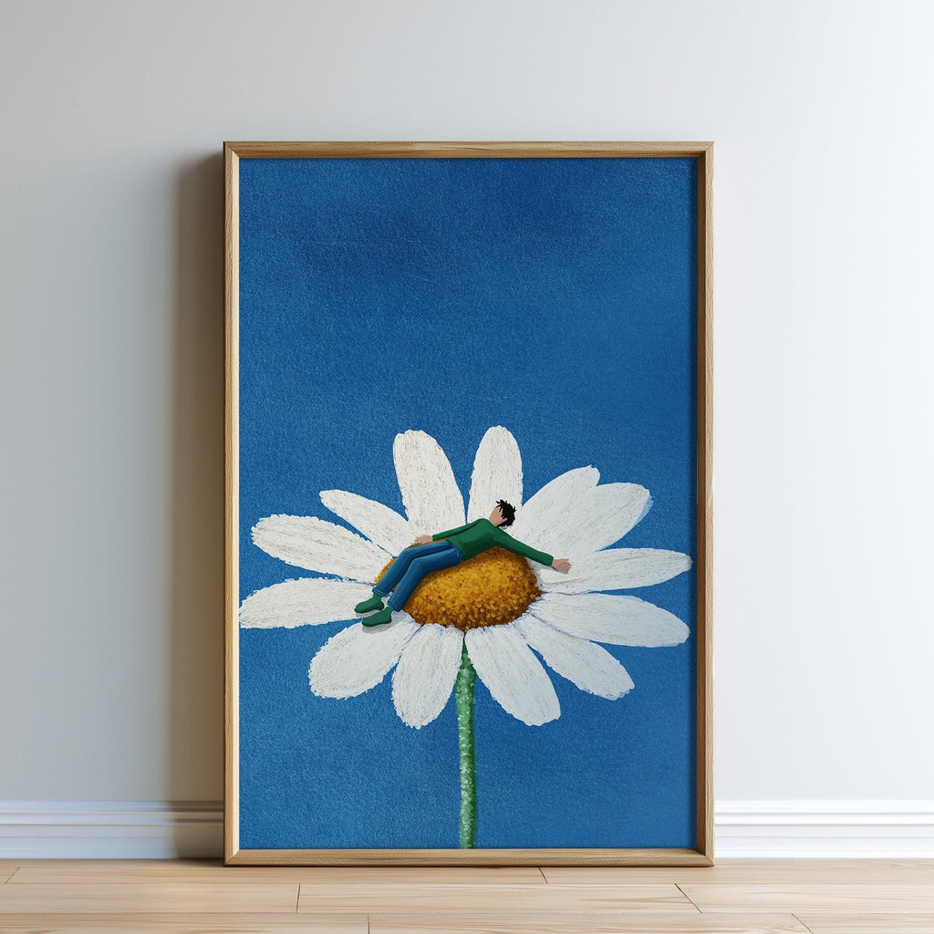 A framed illustration depicting a person lying on a large white flower against a blue background.