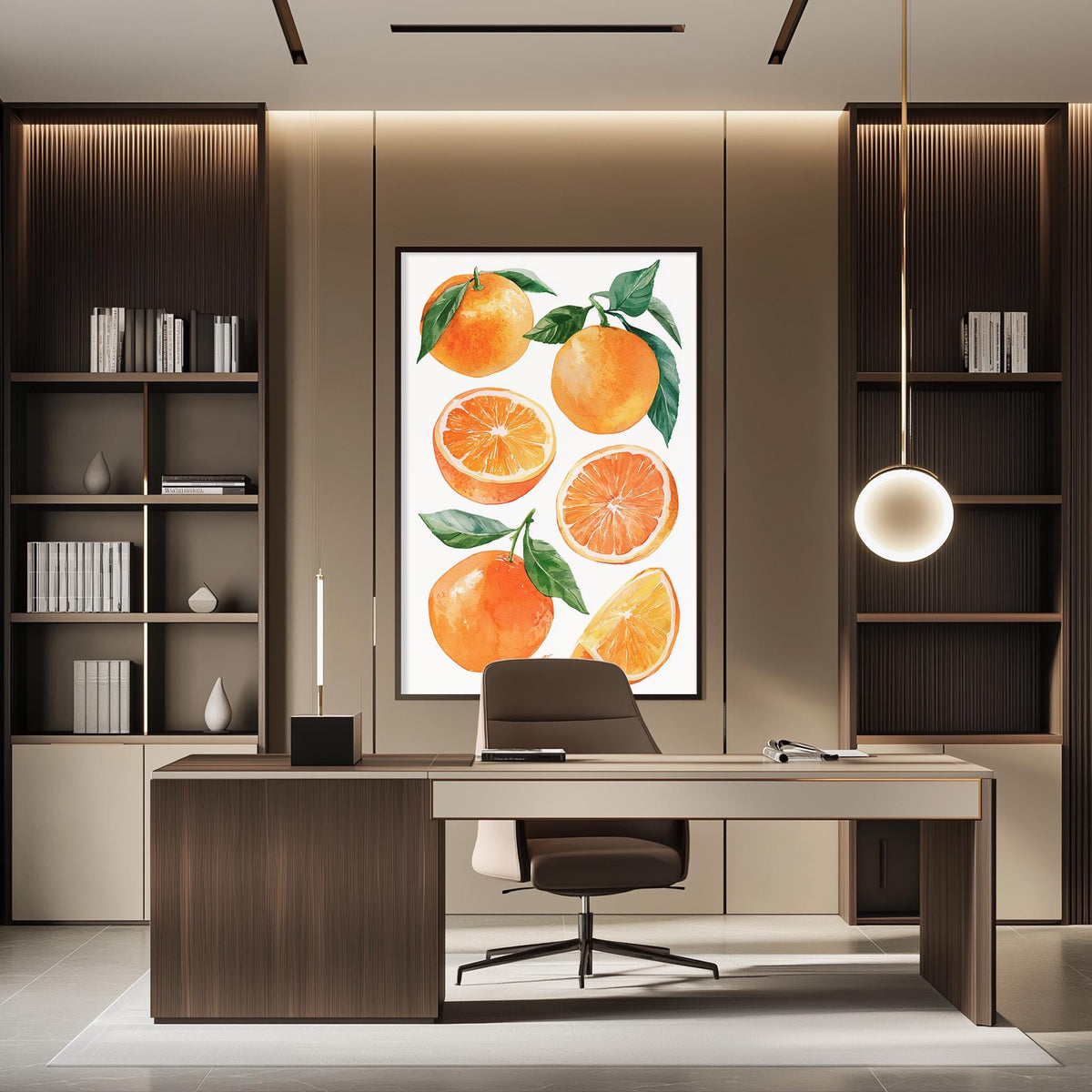 a modern office space with a large framed print of oranges on the wall, a wooden desk with a chair, and built-in bookshelves.