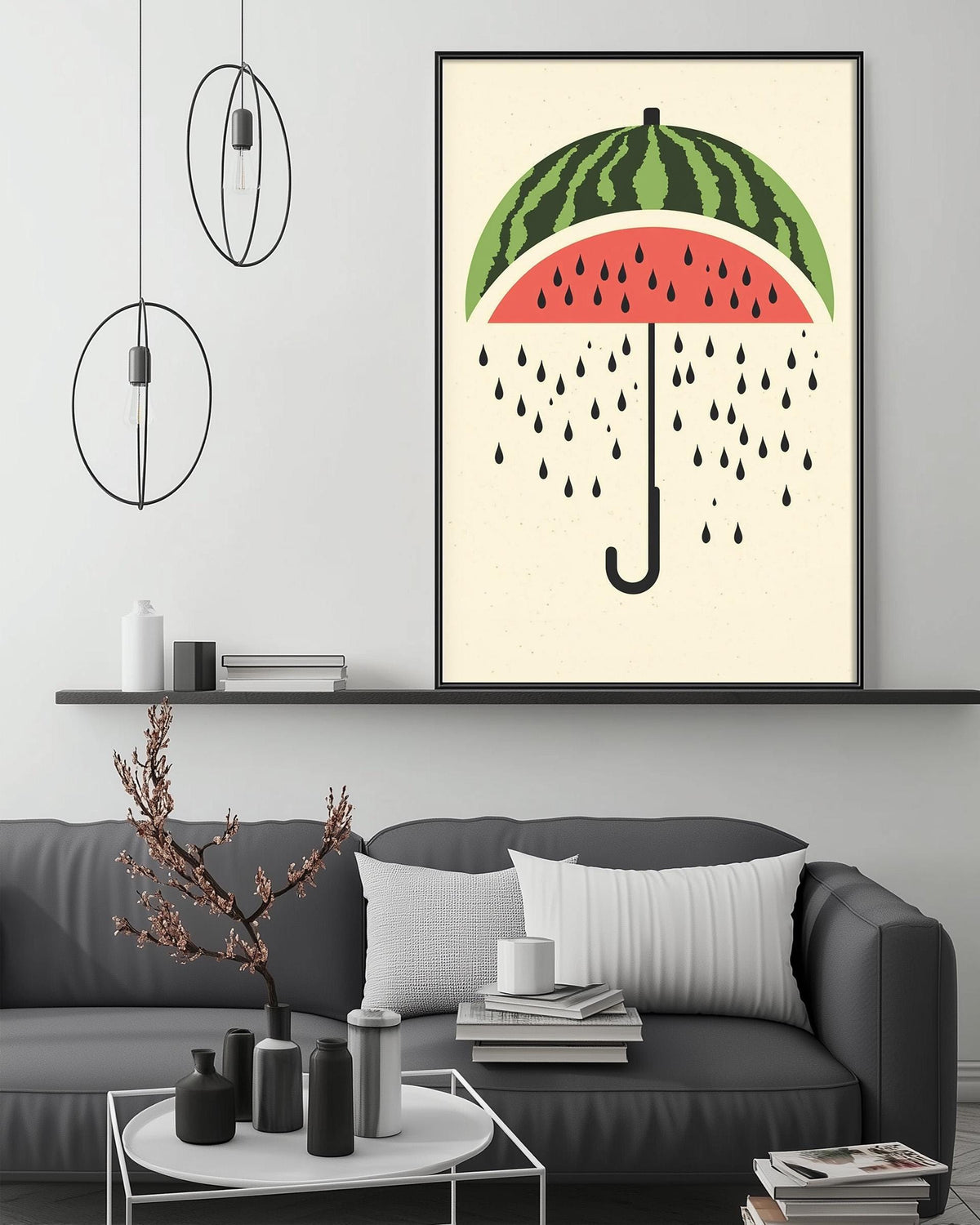 a modern living room with a gray sofa, a coffee table, and a large framed artwork depicting a watermelon umbrella with raindrops on it.