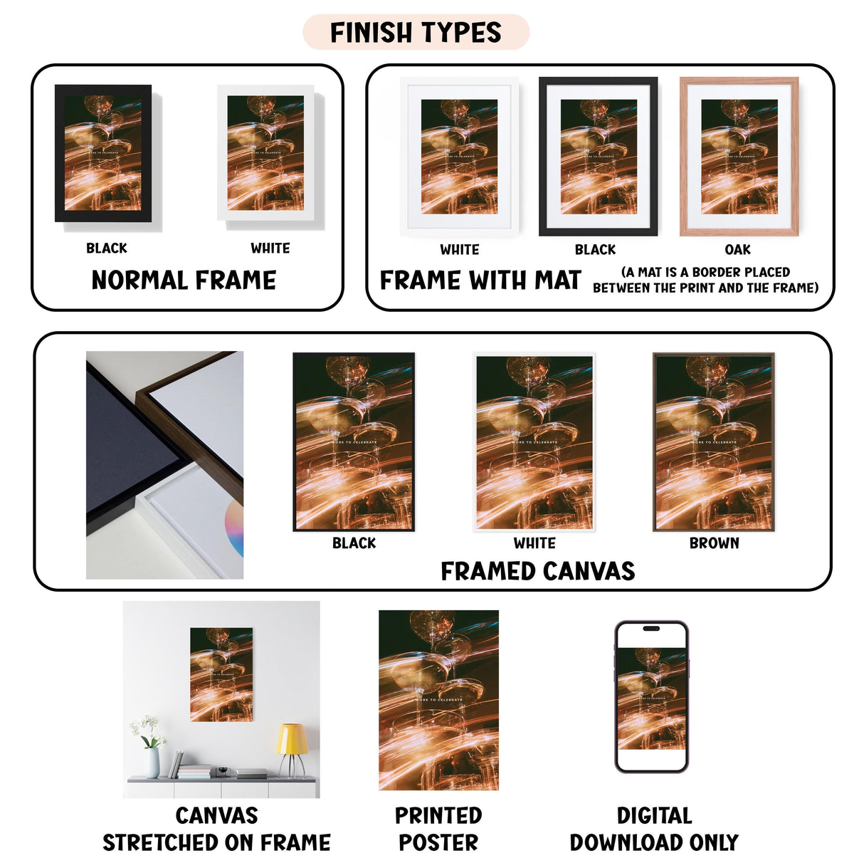 various types of artwork, including canvas prints, framed canvas prints, and digital prints, each with different finishes and styles.