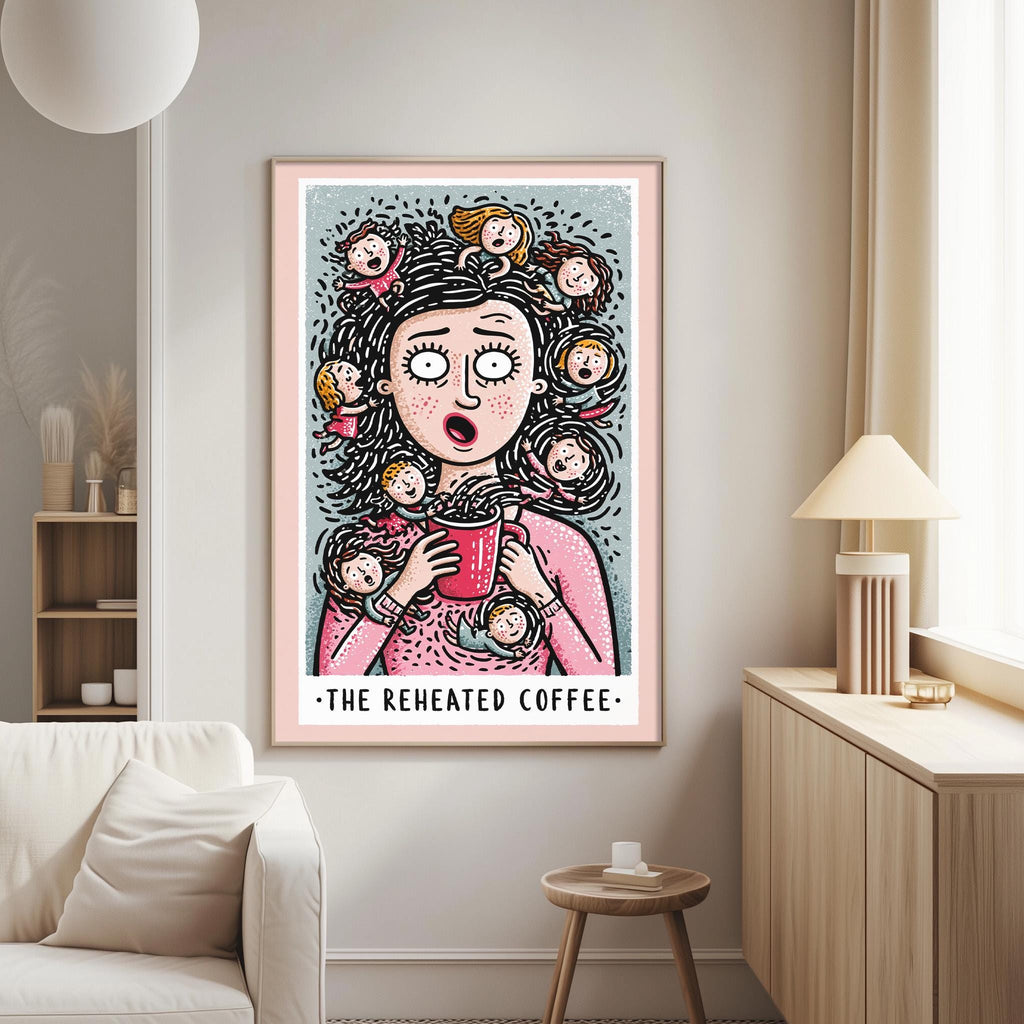 a poster of a woman with a surprised expression, surrounded by multiple smaller images of people, with the text "The reheated coffee" below the main image.