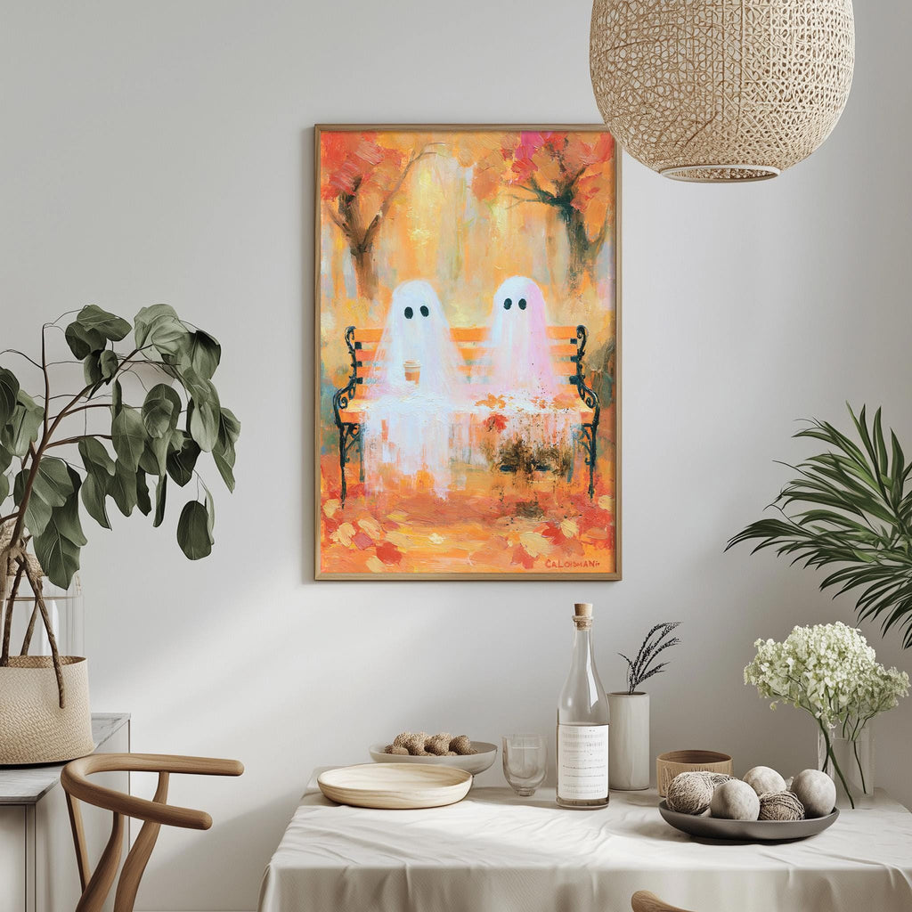 a framed painting of two ghostly figures sitting on a bench in an autumnal setting, surrounded by potted plants and other decorative elements.